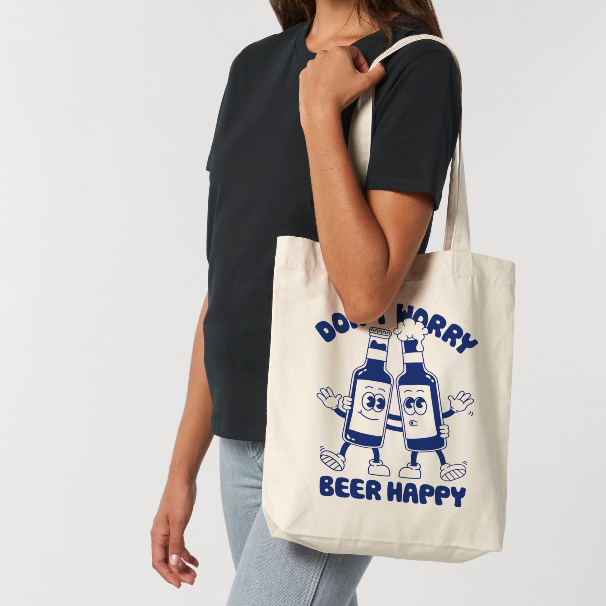 'Don't Worry Beer Happy' organic cotton canvas tote bag