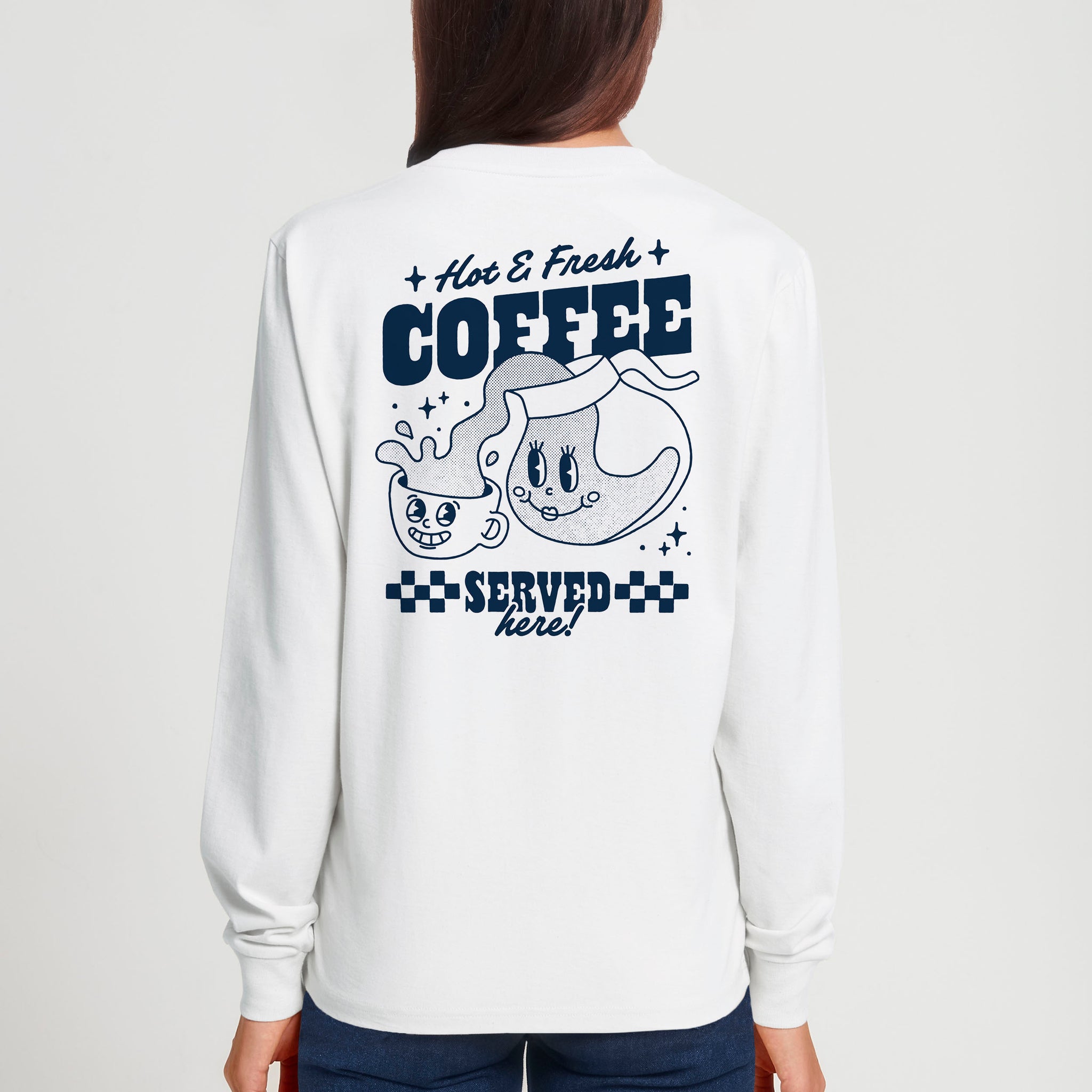 'Hot & Fresh Coffee' white long sleeve T-shirt