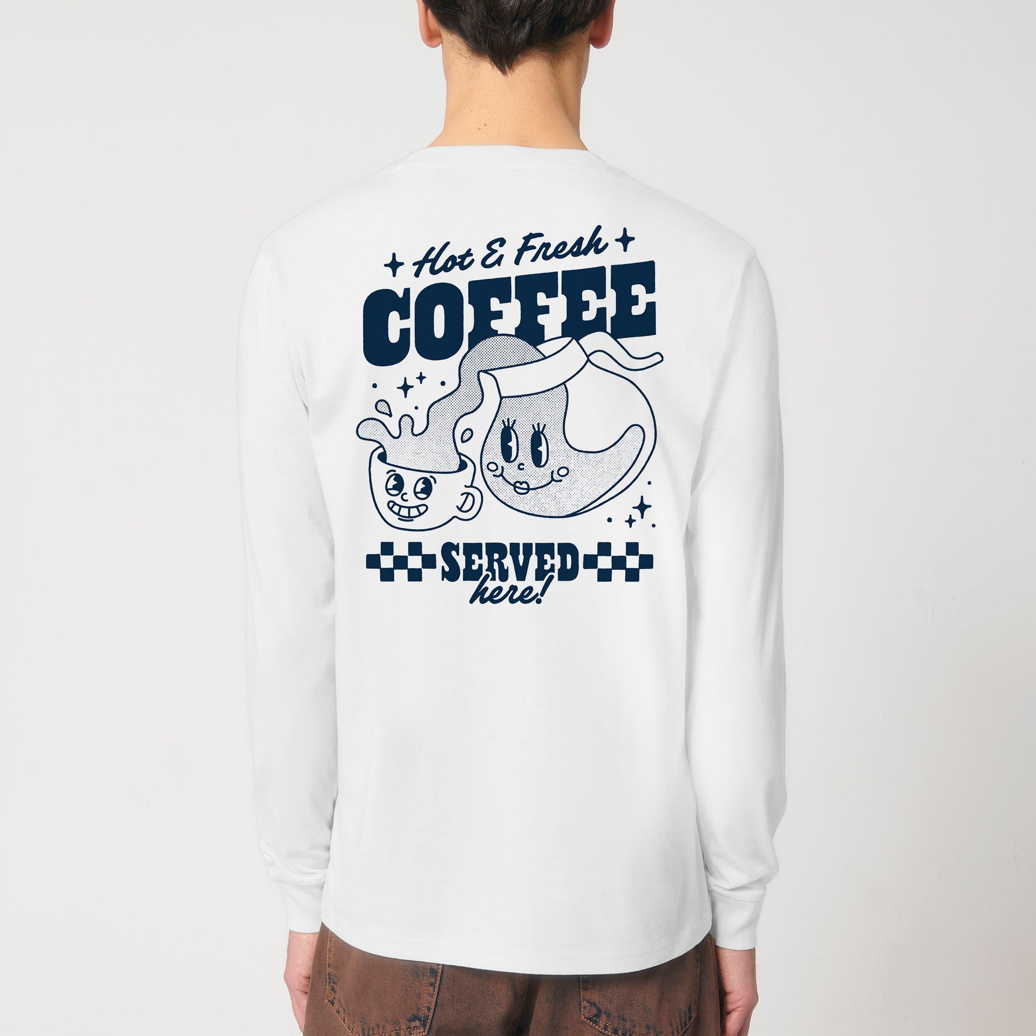 'Hot & Fresh Coffee' white long sleeve T-shirt