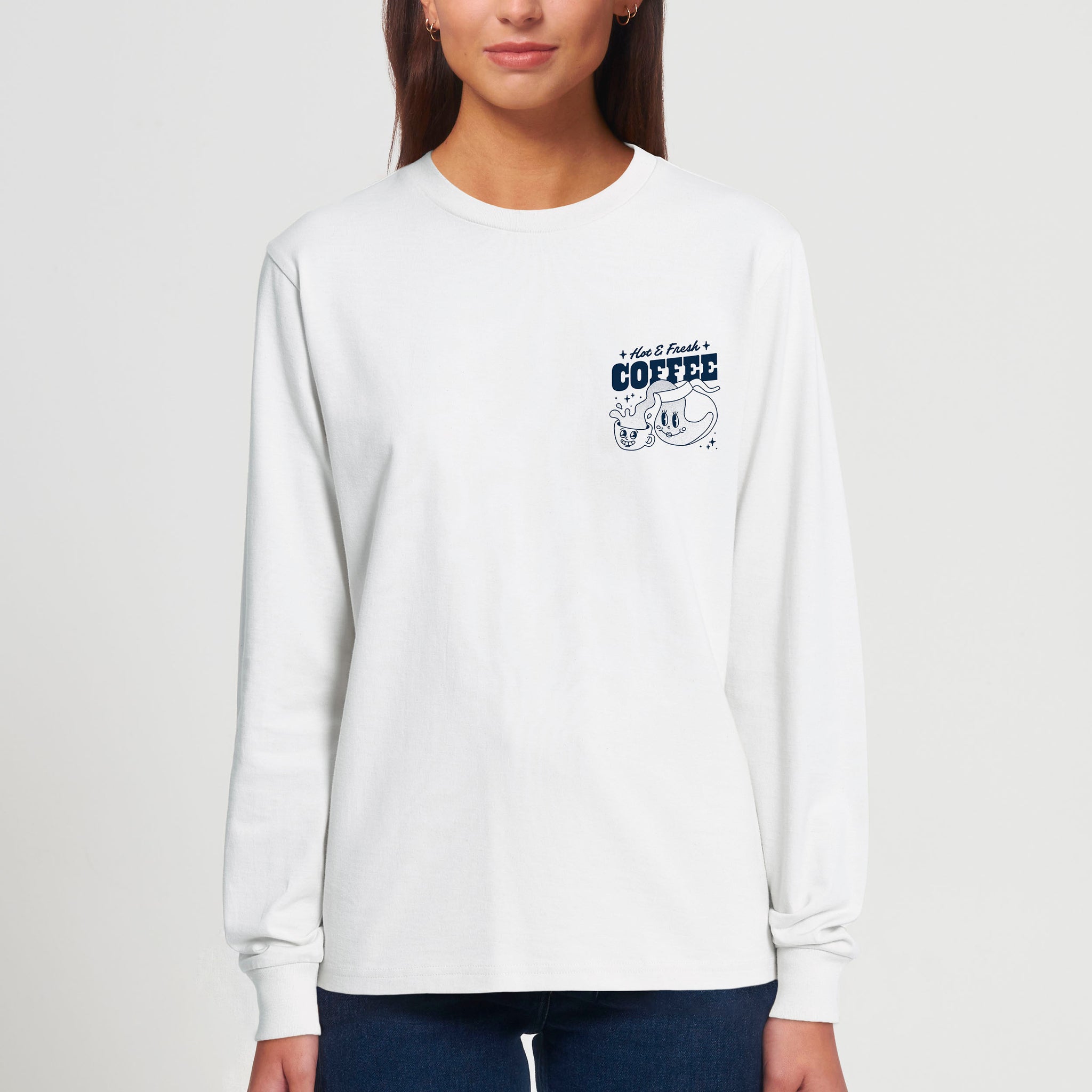 'Hot & Fresh Coffee' white long sleeve T-shirt