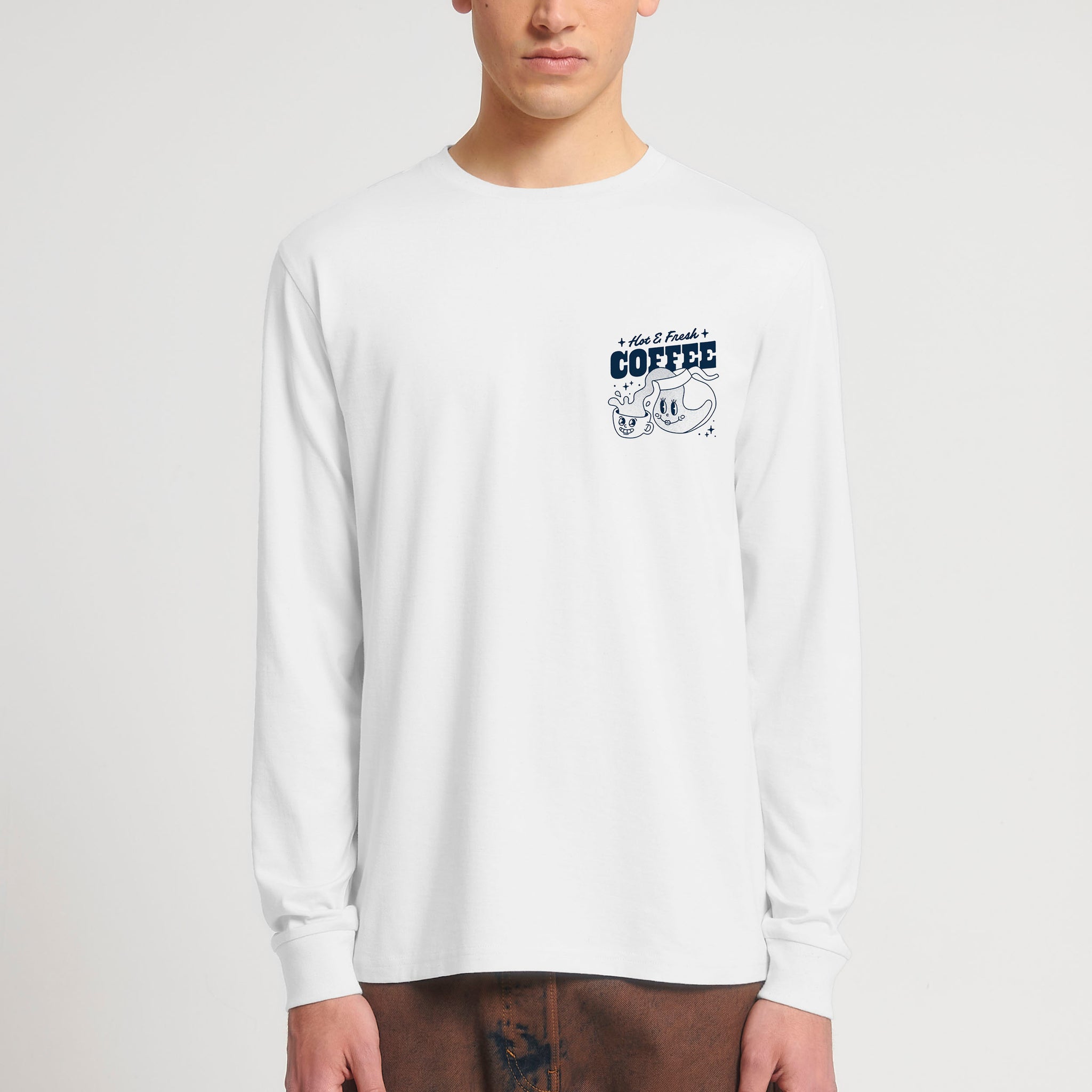 'Hot & Fresh Coffee' white long sleeve T-shirt